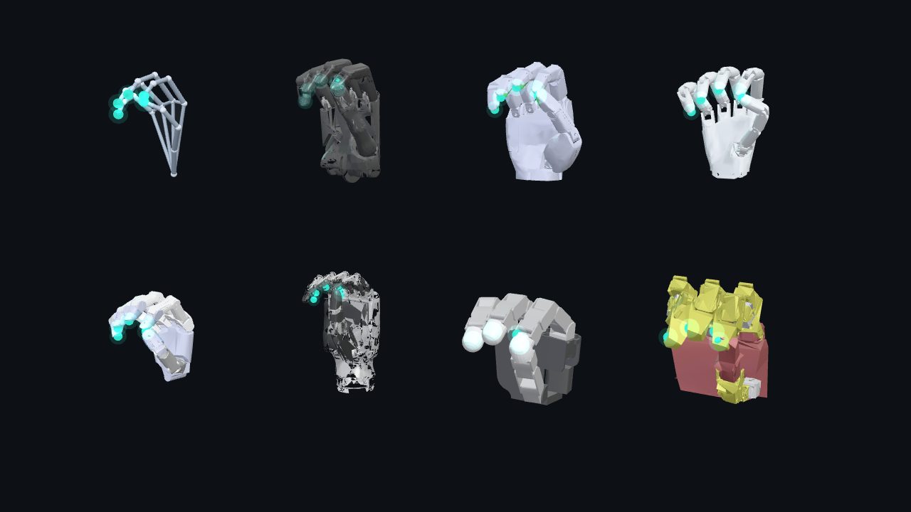 Seven robot hands following the same fingertip targets.